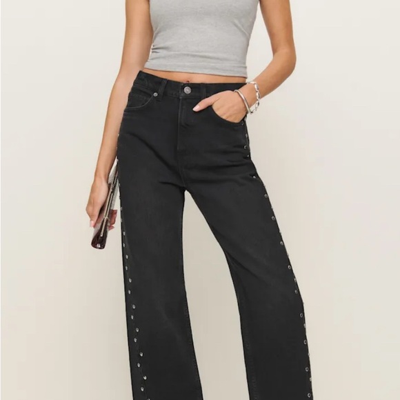 Reformation Cary High Rise Black Studded Slouchy Jeans